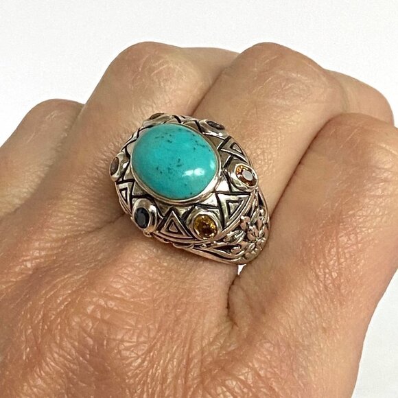 Sterling Silver 925 Thailand Turquoise Multi Gemstone Dome Statement Ring 7.75 - Picture 3 of 16